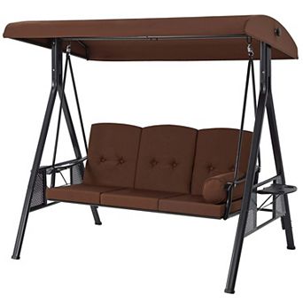 3 Person Metal Patio Swing with Removable Cushion and Cup Holder Outdoor Porch Swing Chair
