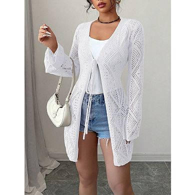 Women's Crochet Sheer Mesh Beach Cover-Up Open Front Loose Knit Cardigan Sweaters