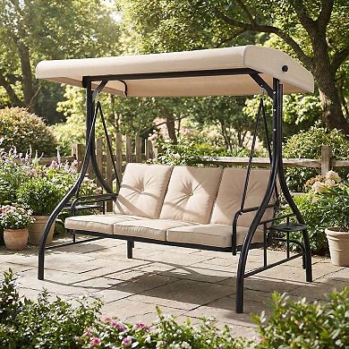 3-Person Convertible Swing Chair with Adjustable Canopy, Plush Cushions & Cup Holders