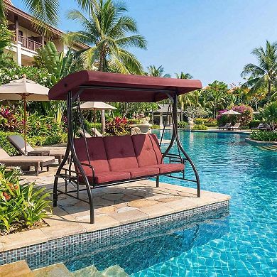 3-Person Convertible Swing Chair with Adjustable Canopy, Plush Cushions & Cup Holders