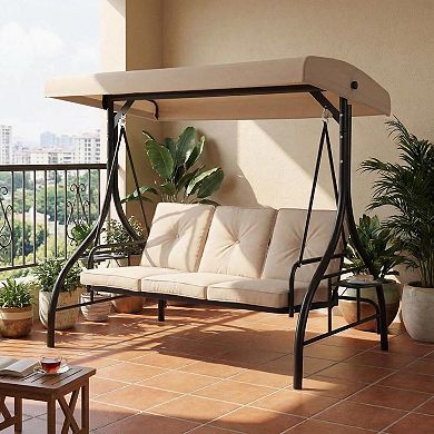3-Person Convertible Swing Chair with Adjustable Canopy, Plush Cushions & Cup Holders