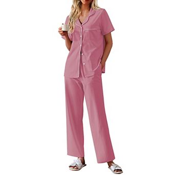 Ekouaer Women's Cotton Pajamas Set Short Sleeve Button Down Pjs 2 pc Soft Sleepwear