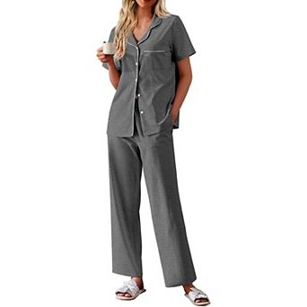Ekouaer Women's Cotton Pajamas Set Short Sleeve Button Down Pjs 2 pc Soft Sleepwear