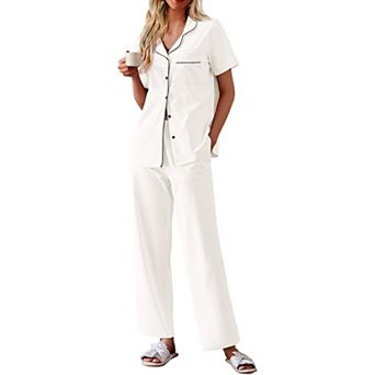 Ekouaer Women's Cotton Pajamas Set Short Sleeve Button Down Pjs 2 pc Soft Sleepwear