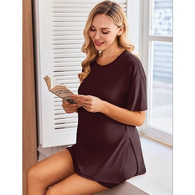 Ekouaer Maternity Pajamas 2 Piece Pregnancy Outfits Short Sleeve Split Side Shirts and Shorts