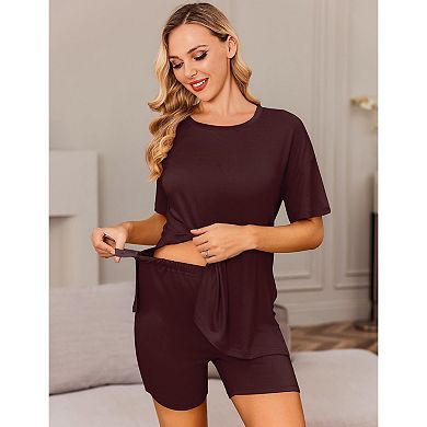 Ekouaer Maternity Pajamas 2 Piece Pregnancy Outfits Short Sleeve Split Side Shirts and Shorts