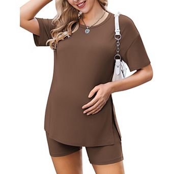 Ekouaer Maternity Pajamas 2 pc Pregnancy Outfits Short Sleeve Split Side Shirts and Shorts