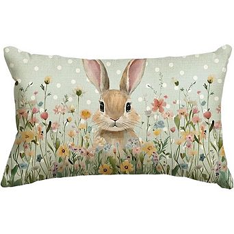 Easter Bunny Throw Pillow Cover Wildflowers Decorative Cushion for Sofa