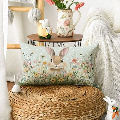 Easter Bunny Throw Pillow Cover Wildflowers Decorative Cushion for Sofa