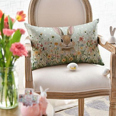 Easter Bunny Throw Pillow Cover Wildflowers Decorative Cushion for Sofa
