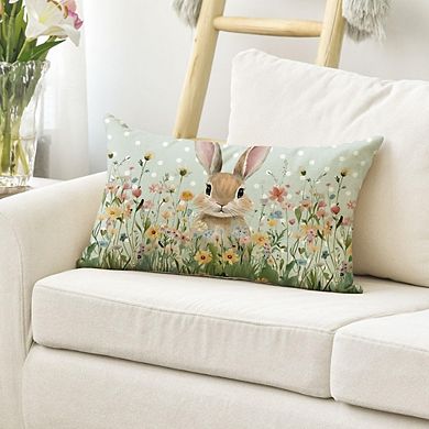 Easter Bunny Throw Pillow Cover Wildflowers Decorative Cushion for Sofa