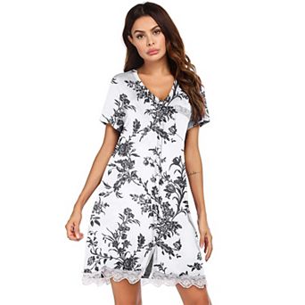 Ekouaer Womens Nursing Nightgown Short Sleeve V Neck Button Down Lace Trim Dress