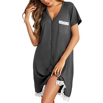 Ekouaer Womens Nursing Nightgown Short Sleeve V Neck Button Down Lace Trim Dress
