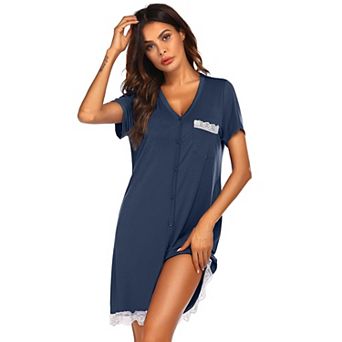 Ekouaer Womens Nursing Nightgown Short Sleeve V Neck Button Down Lace Trim Dress
