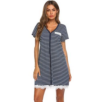 Ekouaer Womens Nursing Nightgown Short Sleeve V Neck Button Down Lace Trim Dress
