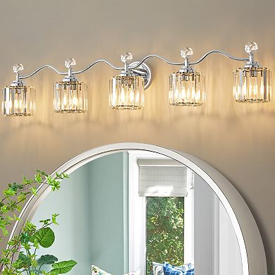 POWLIG 44.5" 5-Light Dimmable Vanity Light, Bathroom Transitional Fixture with Crystal Shades