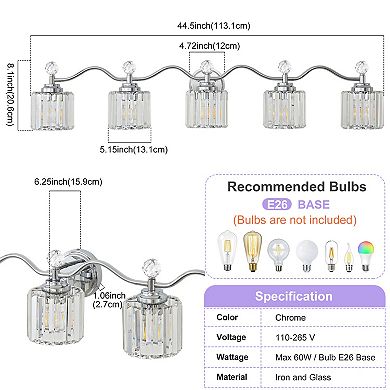 POWLIG 44.5" 5-Light Dimmable Vanity Light, Bathroom Transitional Fixture with Crystal Shades