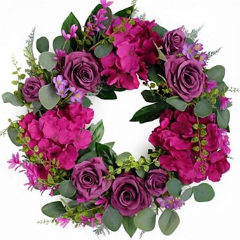 Artificial Rose Wreath 20 in with Hydrangea Green Leaves for Front Door Wall Wedding Home Decor