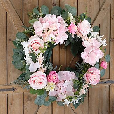 Artificial Rose Wreath 20 Inches with Hydrangea Green Leaves for Front Door Wall Wedding Home Decor