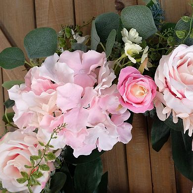 Artificial Rose Wreath 20 Inches with Hydrangea Green Leaves for Front Door Wall Wedding Home Decor