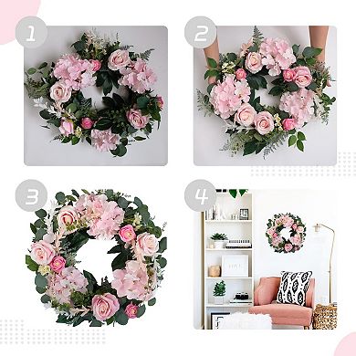Artificial Rose Wreath 20 Inches with Hydrangea Green Leaves for Front Door Wall Wedding Home Decor