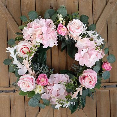 Artificial Rose Wreath 20 Inches with Hydrangea Green Leaves for Front Door Wall Wedding Home Decor