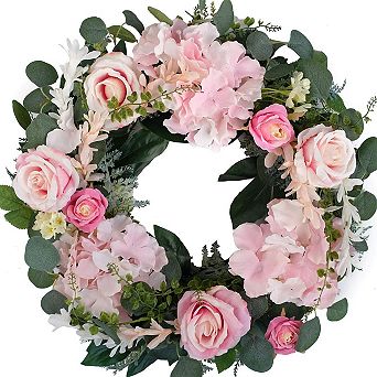 Artificial Rose Wreath 20 in with Hydrangea Green Leaves for Front Door Wall Wedding Home Decor