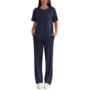 Ekouaer Women's 2-Piece Lounge Set Short Sleeve Top & Wide Leg Pants with Pockets