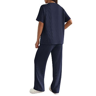 Ekouaer Women's 2-Piece Lounge Set Short Sleeve Top & Wide Leg Pants with Pockets