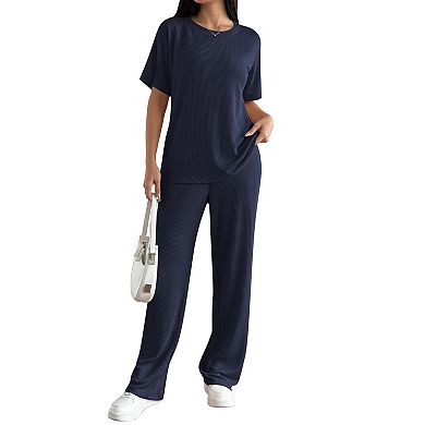 Ekouaer Women's 2-Piece Lounge Set Short Sleeve Top & Wide Leg Pants with Pockets