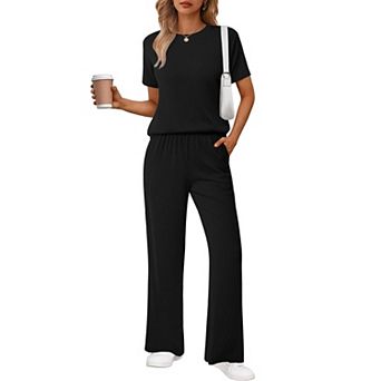 Ekouaer Lounge Sets for Women 2 pc Matching Travel Outfits Loose Short Sleeve Top Wide Leg Pants