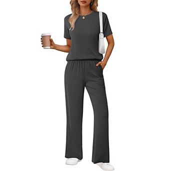 Ekouaer Lounge Sets for Women 2 pc Matching Travel Outfits Loose Short Sleeve Top Wide Leg Pants