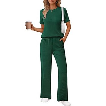 Ekouaer Lounge Sets for Women 2 pc Matching Travel Outfits Loose Short Sleeve Top Wide Leg Pants
