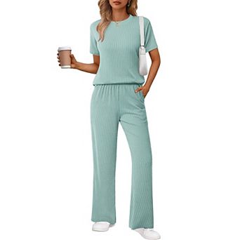 Ekouaer Women's 2 pc Lounge Set Short Sleeve Top & Wide Leg Pants with Pockets