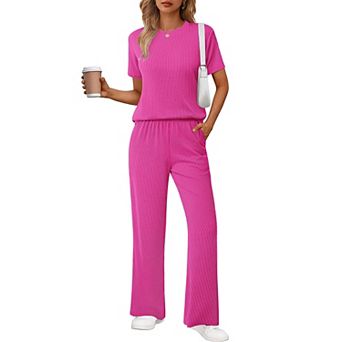 Ekouaer Lounge Sets for Women 2 pc Matching Travel Outfits Loose Short Sleeve Top Wide Leg Pants