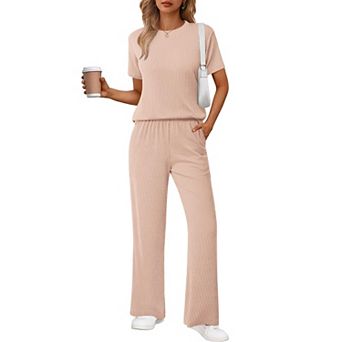 Ekouaer Lounge Sets for Women 2 pc Matching Travel Outfits Loose Short Sleeve Top Wide Leg Pants