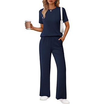 Ekouaer Women's 2 pc Lounge Set Short Sleeve Top & Wide Leg Pants with Pockets