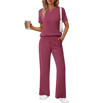 Ekouaer Women's 2 pc Lounge Set Short Sleeve Top & Wide Leg Pants with Pockets