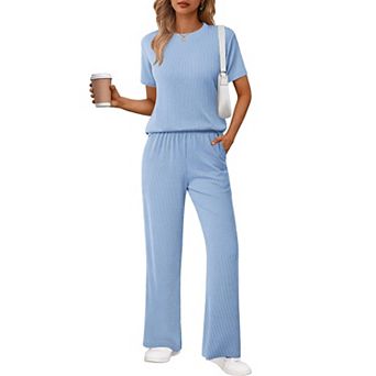 Ekouaer Lounge Sets for Women 2 pc Matching Travel Outfits Loose Short Sleeve Top Wide Leg Pants