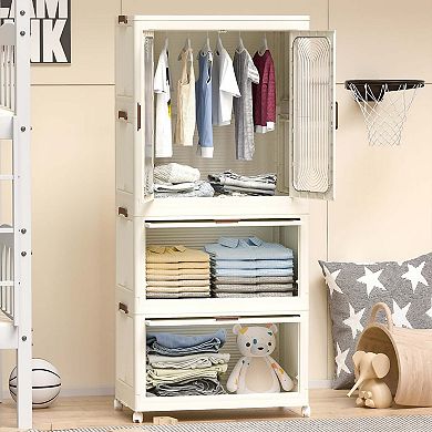 Portable Wardrobe Closet Storage Organizer,Clothes Dresser,Magnetic Doors with 4 Cubes Hanging Rod