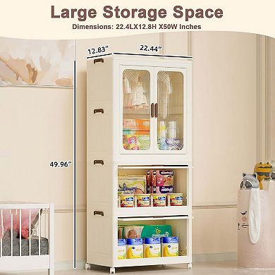 Portable Wardrobe Closet Storage Organizer,Clothes Dresser,Magnetic Doors with 4 Cubes Hanging Rod