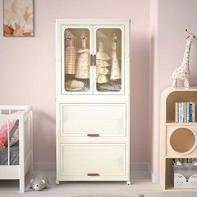 Portable Wardrobe Closet Storage Organizer,Clothes Dresser,Magnetic Doors with 4 Cubes Hanging Rod