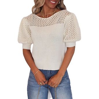 Women's Knitted Cutout Short-Sleeved Sweater Solid Color Casual Tee Shirt Tops