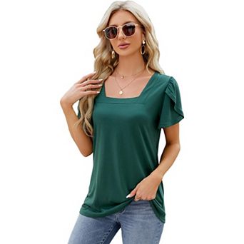 Women's Short Sleeve Square Neck Tops Summer Tee Shirts Solid Color Blouse