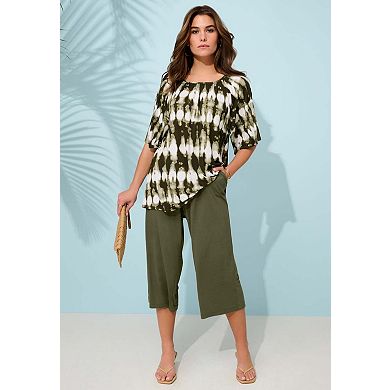 Roaman's Women's Plus Size Shirred Scoop Neck Split Bell Sleeve Tee