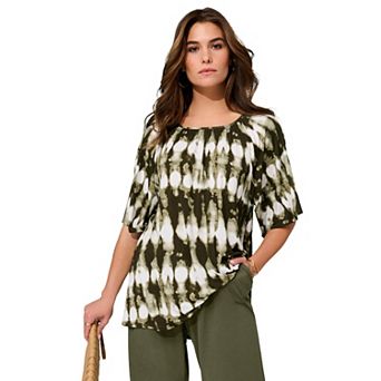 Roaman's Women's Plus Size Shirred Scoop Neck Split Bell Sleeve Tee