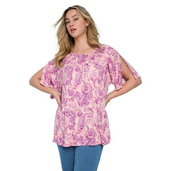 Roaman's Women's Plus Size Shirred Scoop Neck Split Bell Sleeve Tee
