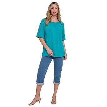 Roaman's Women's Plus Size Shirred Scoop Neck Split Bell Sleeve Tee