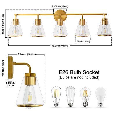 POWLIG 38.5" Modern Vanity Light, 5-Light Dimmable Bathroom Fixture with Clear Cone Glass Shades