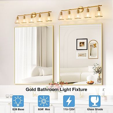 POWLIG 38.5" Modern Vanity Light, 5-Light Dimmable Bathroom Fixture with Clear Cone Glass Shades